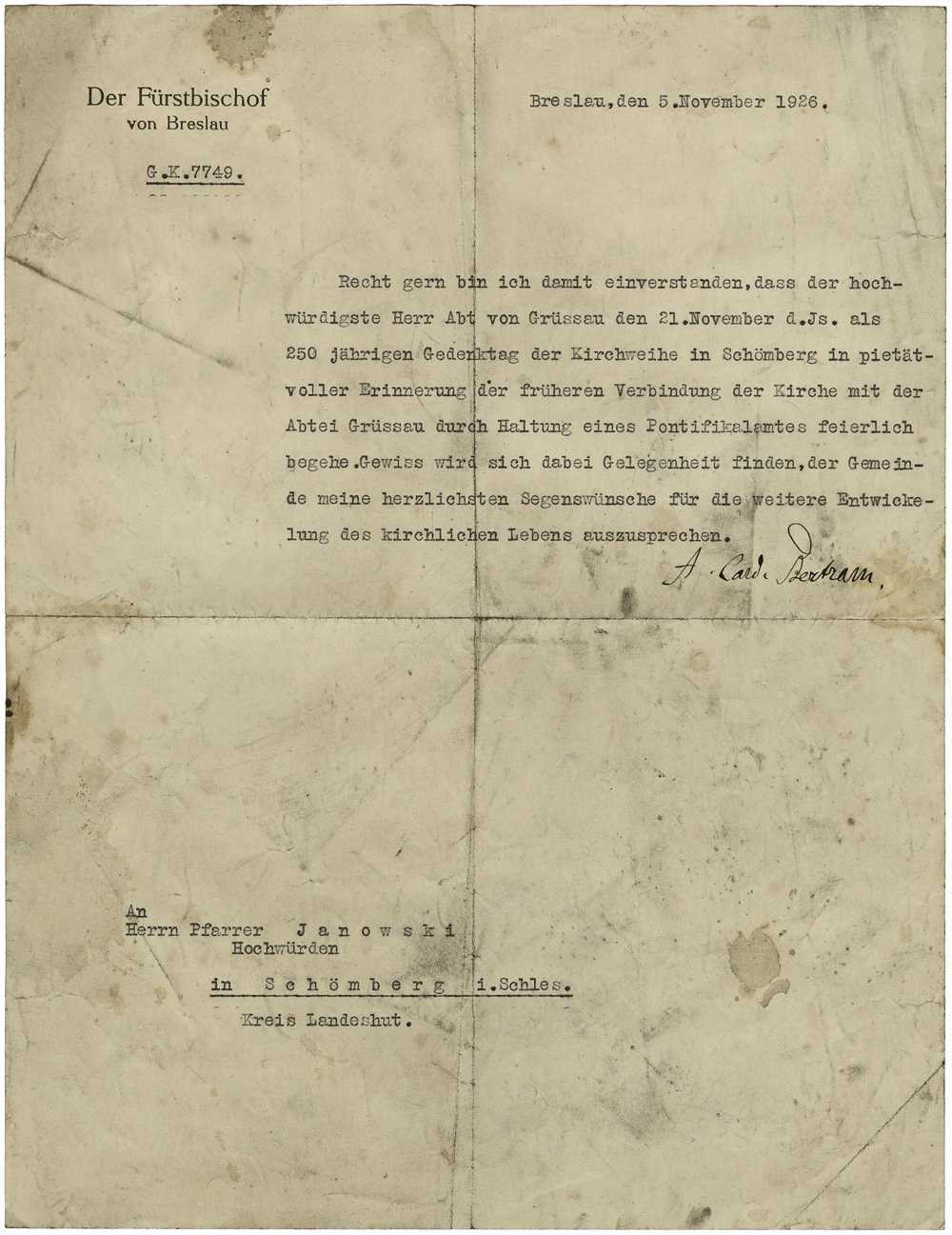 Fürstbischof Breslau Kirchweihe Schömberg